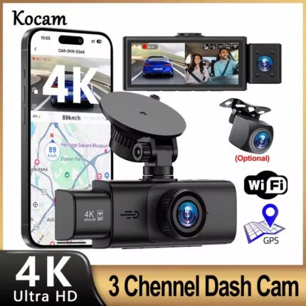 3 Channel WiFi 4K Dash Cam Front and Inside DashCam 1080P Rear Camera Night Vision 24H Parking Car DVR Black Box Support GPS